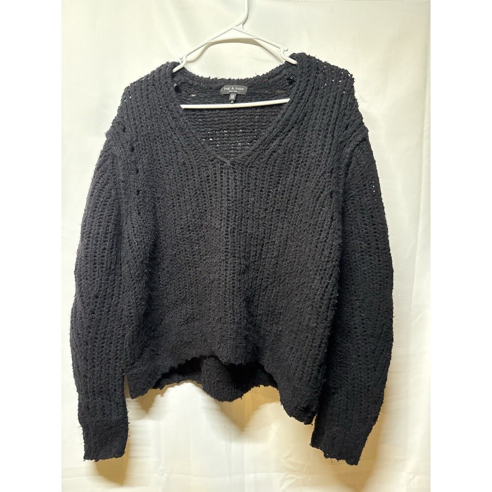 rag & bone Womens XS Black 100% Merino Wool Chunky Knit V-Neck Pullover